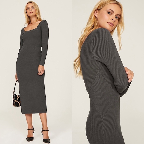 TOCCIN 90s Charcoal Rib Knit Square Neck Long Sleeve Midi Sheath Sweater Dress M - Picture 1 of 6